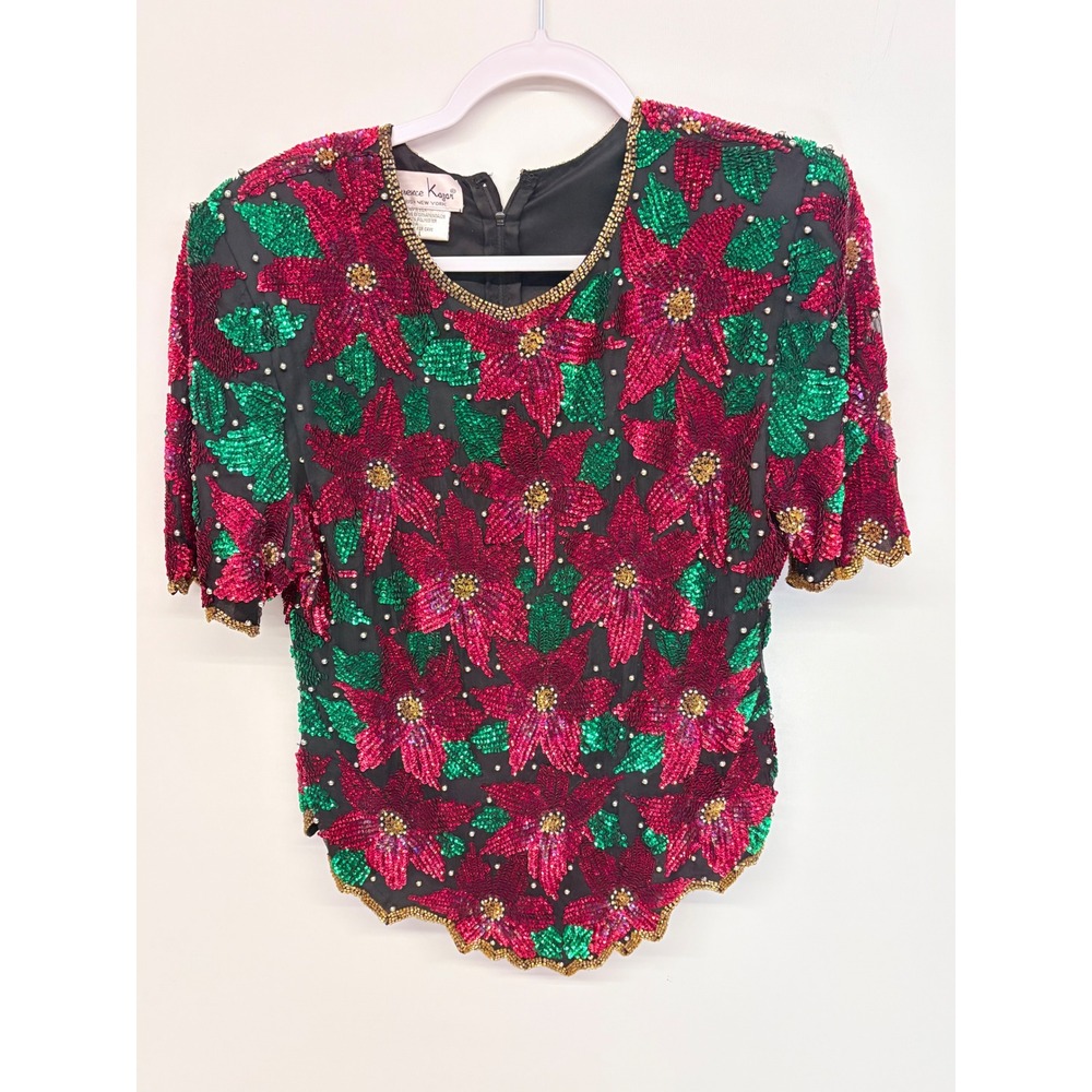 Laurence Kazar Christmascore Poinsettia Top Sz L Red Green Beaded Vintage Glam - Picture 1 of 4